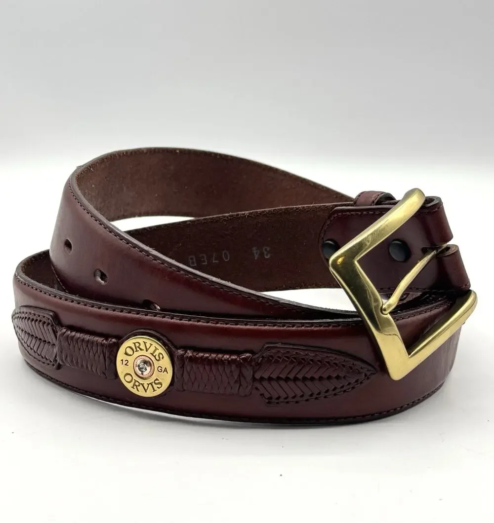 Orvis Mens Shotshell Belt Size 34 Brown Leather Brass Buckle Concho Braided Hunt
